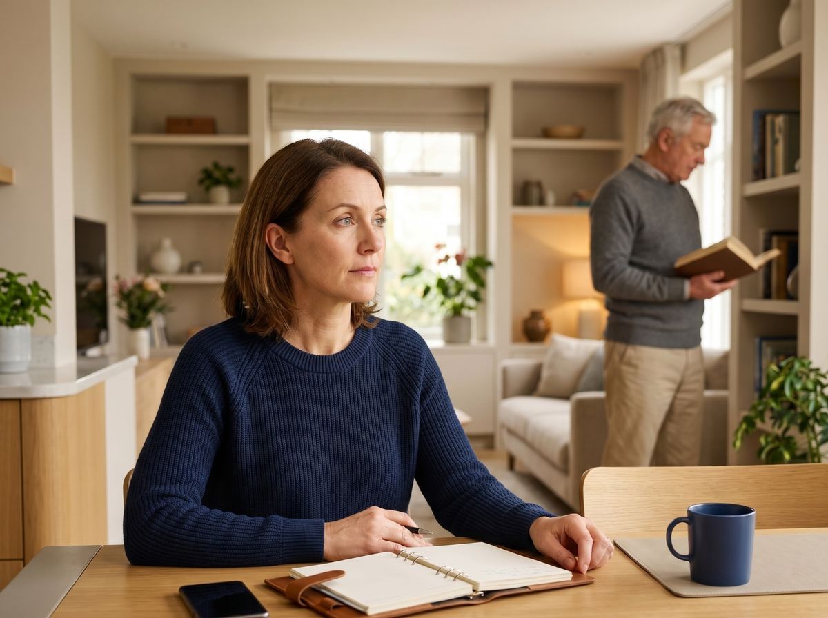 A woman sits at a kitchen table with a planner, a phone and a mug, looking thoughtful, while an older man reads a book in the living room behind her.