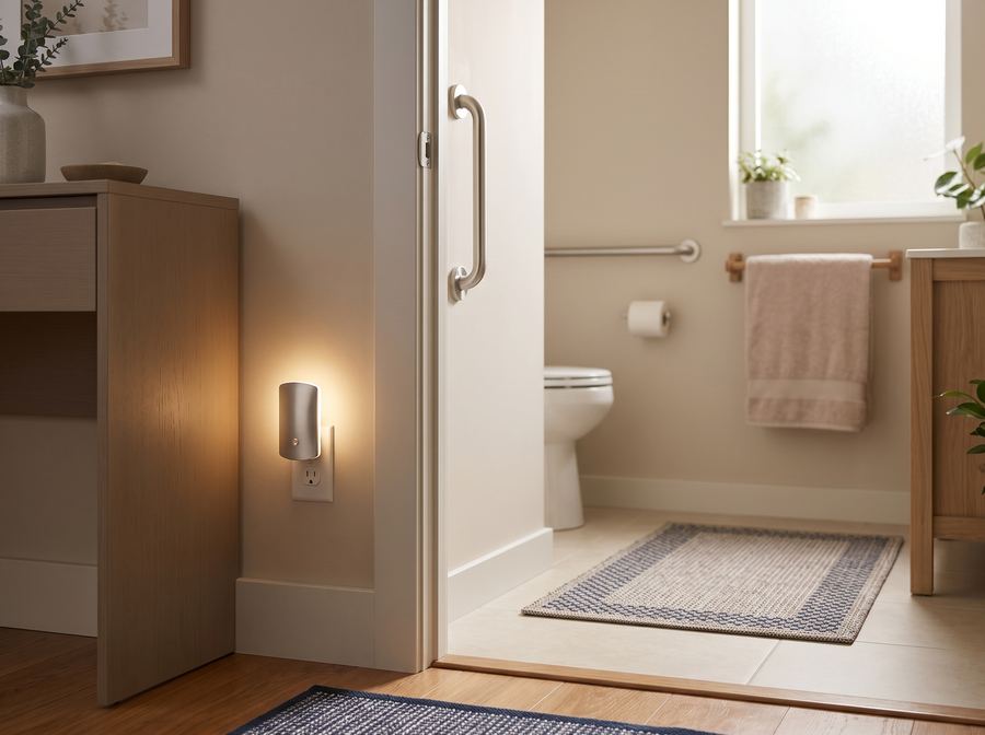 A bathroom with a step-free shower, grab bars, a night light and a non-slip rug.